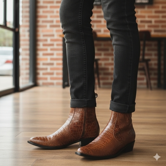 Baccus Shoemaker Other - Men's Brown Crocodile Pattern Leather Ankle Boots